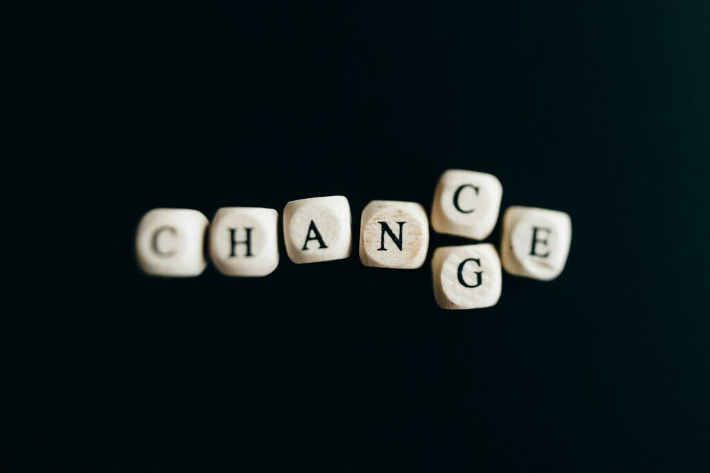 Ein Bild von Würfeln, welche mit Buchstaben versehen sind. Sie ergeben das Wort "Chance/Change" die Buchstaben C und G sind übereinander und sollen somit 2 verschiedene Wörter Darstellen. Man sollte keine Angst vor Veränderung haben, da es einen Wandel und eine Chance mit sich bringt.